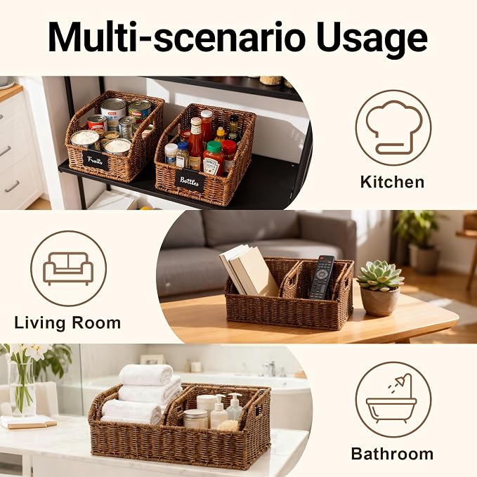 Brownlily Wicker Pantry Storage Baskets with Chalkboard,Handwoven Baskets for Organizing with Built-in Handles, All-Purpose Storage Baskets for Shelves, Laundry Room, Brown - Single Set (3-Piece)