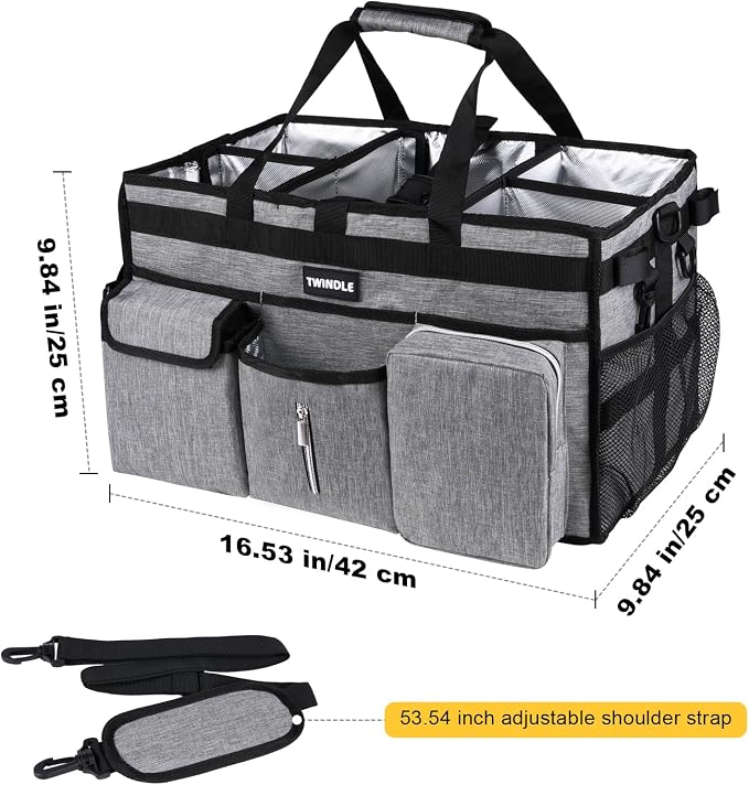 Large Cleaning Caddy Bag with Rigid Support Board, Cleaning Organizer Tote with Detachable Divider, Adjustable Shoulder Strap & Waist Belt, Cleaning Supply Carrier for Cleaners & Housekeepers