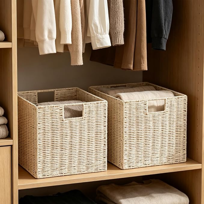 Vagusicc Wicker Storage Basket, Set of 2 Hand-Woven Paper Rope Wicker Baskets, Foldable Cube Storage Bins, Beige Storage Basket, Square Baskets for Organizing Shelves & Decor, Beige(13″×13″×13″)