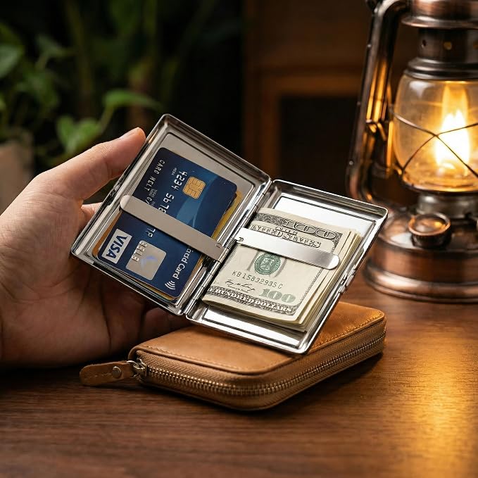 Vintage Art Deco Versatile Card & Cash/Cigarette Holder Case, Slim Metal Wallet for Women Men Credit ID Business Cards (#I)