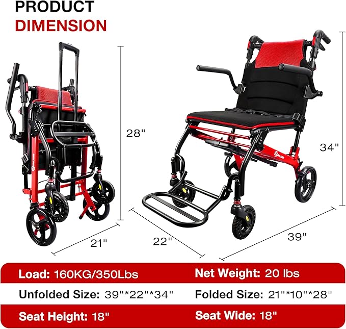 Wheelchairs for Adults Transport Chair Lightweight Foldable with Telescopic Handle, 18-Inch Seat Width Portable Folding Travel Wheel Chairs for Seniors
