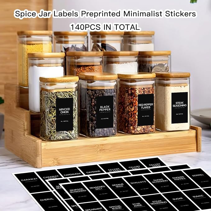 HVSWLY 140PCS Spice Labels for Spice Jars, Black Minimalist Preprinted Spice Jar Labels,Waterproof Oil Resistant Label Stickers for Kitchen Pantry Seasoning Containers