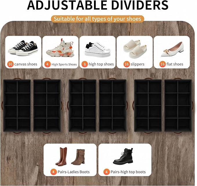 EE-RoomWorld 2 Pack rolling shoe rack on wheels,No Assemble Required shoe organizer for closet with wheels，Adjustable Dividers Fits 16 Pairs,boot Storage Bins with Reinforced Handle