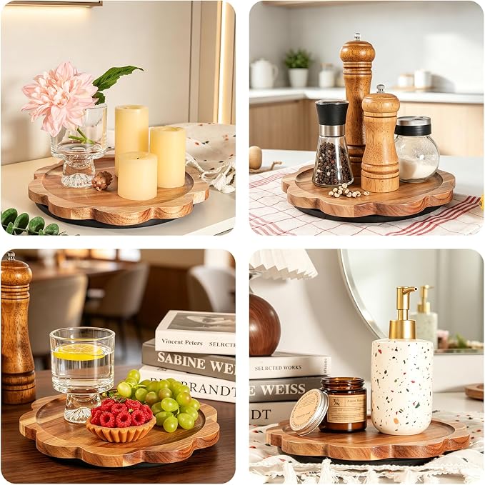 WLWNWFT Lazy Susan Turntable Organizer 10in, Acacia Wood Flower Shape Rotating Tray Cabinet Pantry Kitchen Countertop Refrigerator Cupboard Condiment Storage, Spice Rack, Pantry Organiser