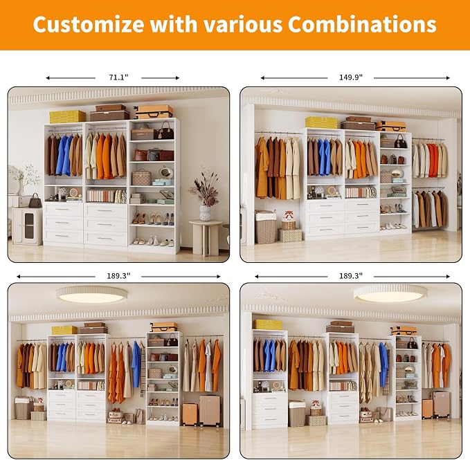 Closet System with 3 Sets, 6FT-15FT Closet Organizer Systems with 6 Wooden Drawers 8 Shelves & 4 Hanging Rods, Walk in Closet freestanding Corner Modular Closet Storage System White (6FT)