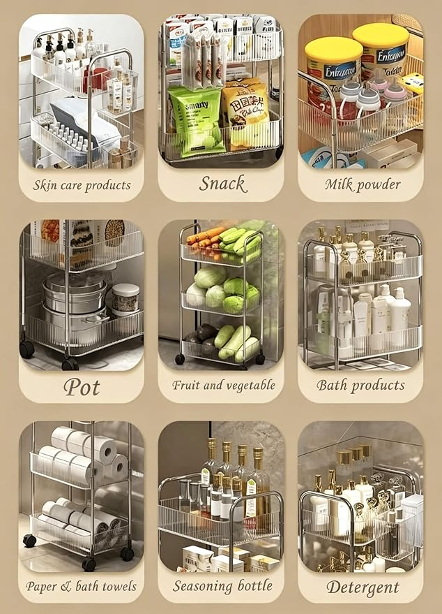 4-Tier Clear Utility Rolling Cart with Wheels for Kitchen & Bathroom | Lightweight-usage, Easy assembly, Multifunctional storage organizer, Clear, 7.9”W * 13”L * 35.8”H
