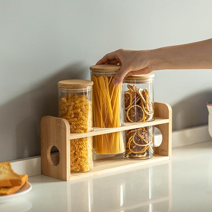 Basicwise 3 Pcs 30oz Glass Jars with Bamboo Shelf for Storing Ground Coffee, Sugar, Beans and Grains, Airtight Canisters for Nuts, Pasta, Flour and Tea Bags - Ideal for Kitchen and Pantry Organization