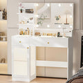 INNOD 40" Vanity Desk with Large Mirror and Lights, Modern Glass Top Makeup Vanity Set with Power Outlet, Drawers and Cabinet, 3 Lighting Color Adjustable Dressing Table for Bedroom,White