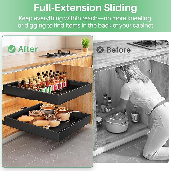 Kitstorack 2Pack Pull out Cabinet Organizer, 21" Deep, Heavy Duty Full-extension Slide out Drawers for Kitchen Cabinet, Roll out Shelf Storage with Nano Adhesive for Pots, Bathroom, Pantry,Home,Black