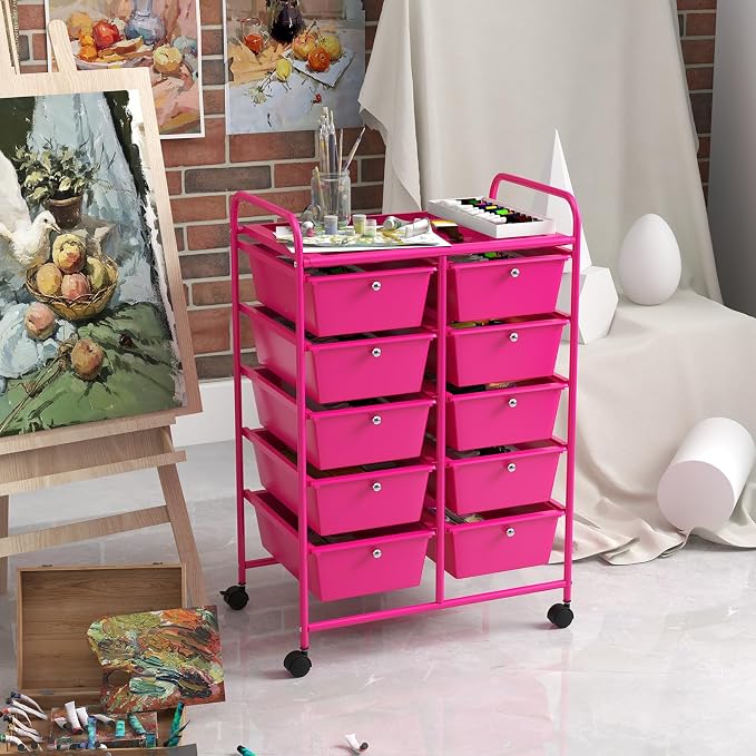 “Moccha 10-Drawer Rolling Storage Cart - Under Desk Storage Drawers with wheels for Craft Art Supply Paper Salon, Scrapbook Paper Tools, Storage Drawers Organizer, Mobile Utility Cart for Classroom