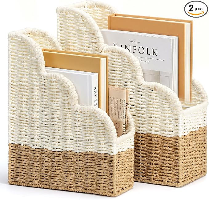 BROWNLILY Handwoven Paper Rope Magazine Holders with Scalloped Edge - Boho Desk Storage Organizers Set of 2 (Large & Small) for Books, Files, Home Office Decor