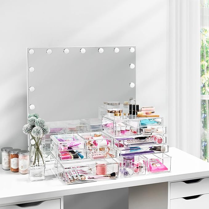 Sorbus Large Stackable Acrylic Drawers - 4 Clear Storage Drawers for Organizing Make up, Nail Polish, Hair Accessories, and Beauty Supplies - Makeup Organizer for Vanity, Bathroom Organizer Countertop