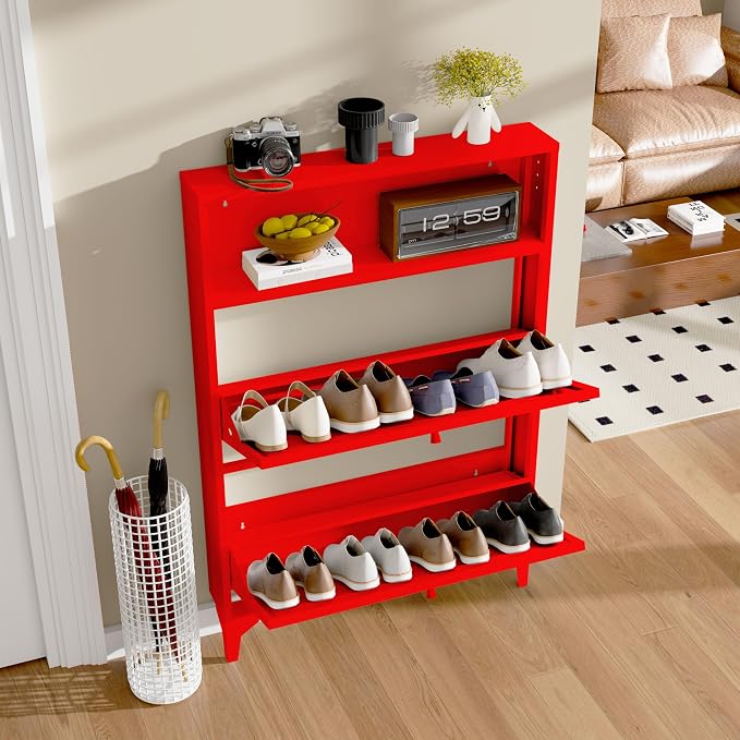 Shoe Cabinet with 2 Flip Drawers and Open Top Space-Metal Narrow Shoe Rack for Entryway,Hallway,Living Room-Hidden Metal Shoe Cabinet-Freestanding Shoe (2 Door, red)