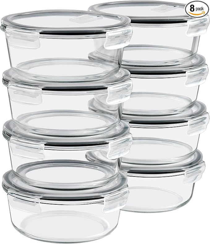 Sorbus Glass Meal Prep Containers Set, 8 Pack Round Borosilicate Glass Containers 32.7oz / 970ml, Airtight Vented Lids, Leakproof, BPA Free, Oven Microwave Freezer Dishwasher Safe, Stackable, 7x3 in