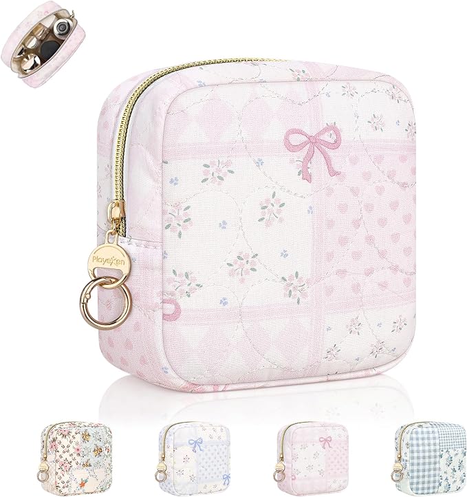 Quilted Small Makeup Bag, Floral Cosmetic Pouch for Purse, Pink | Floral Travel Makeup Pouch, Make Up Pouch for Women, Purse Organizer Pouches for Travel/ Gym/ Daily Use, Perfect Gifts