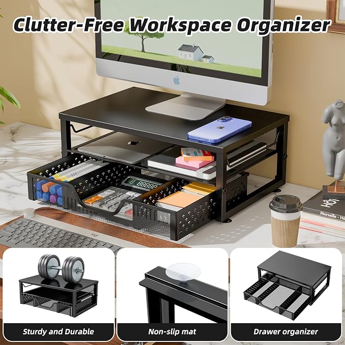 Simple Trending Desk Organizer and Accessories, 2-Tier Computer Monitor Stand Riser with Drawer, Office Desk Accessories & Workspace, Laptop & Printer Stand for Desktop, Black