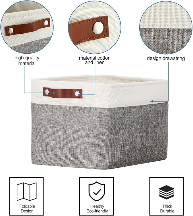 Uiifan 10 Pcs Collapsible Storage Bins Fabric Foldable Storage Basket with Handles Cloth Organizer Linen Shelf Baskets for Shelves Home Closet Nursery Toys(16 x 12 x 10 Inch,Gray and White)