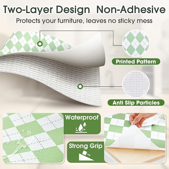 Coavas Shelf and Drawer Liner, Non Slip Extra Grip Non Adhesive Waterproof Thickened Cabinet Mat, Easy Cut for Kitchen Pantry Bathroom Dresser Cupboard (Green Rhombic, 12IN x 20FT)