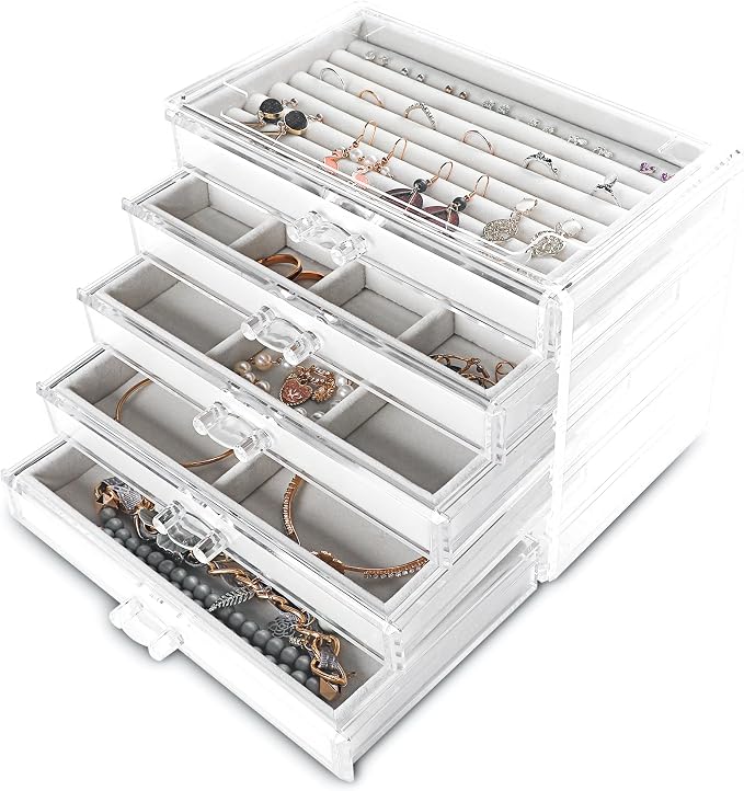 Frebeauty Extra Large Acrylic Jewelry Box for Women 5 Layers Clear Jewelry Organizer Velvet Earring Box with 5 Drawers Rings Display Case Necklaces Holder Tray for Women Girls (White) | Jewelry Storage for Rings Earrings Bracelets,Dustproof,Velvet Lini...