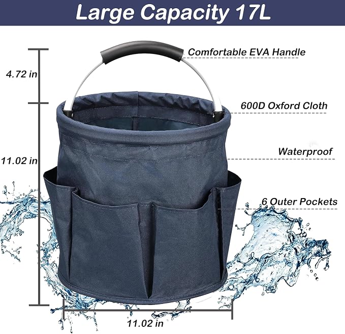 17L Foldable Cleaning Caddy with Handle, Cleaning Supplies Organizer Storage Basket with 6 Side Pockets, Portable Multi Cleaning Bucket Bag for Home Garden Bathroom Camping (Navy Blue)