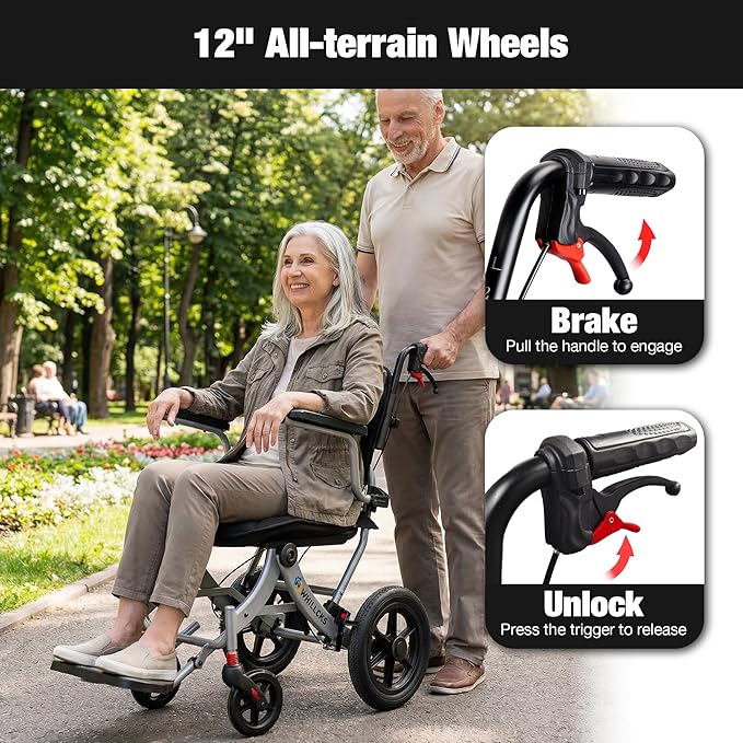 Wheelchairs for Adults Ergonimic Transport Chair Lightweight Foldable with Telescopic Handle 11-inch Big Wheels for All Terrains Travel Wheelchair with Removable Cushion