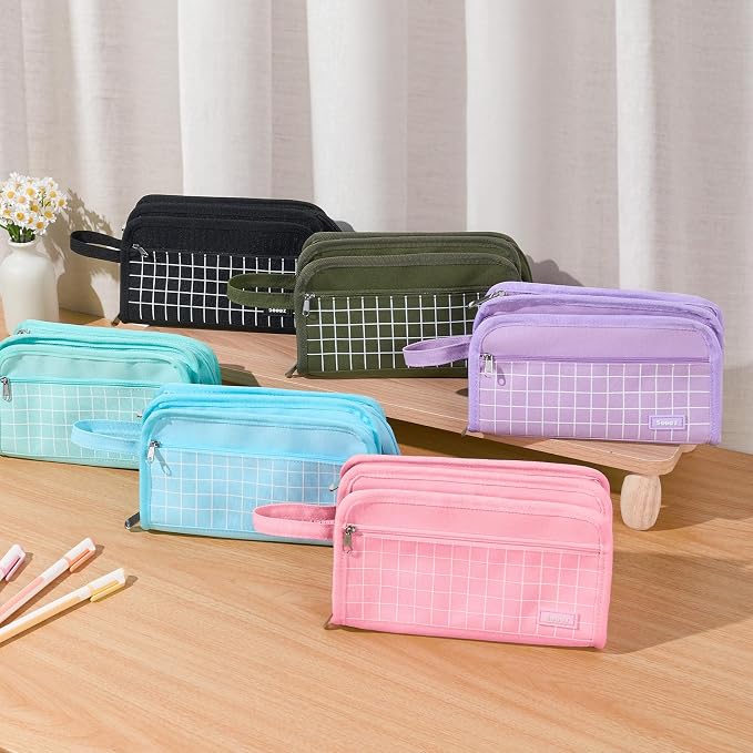 Sooez Large Pencil Case, Big Capacity Pencil Pouch Pen Bag with 3 Compartment, Portable Canvas Stationery Organizer with Zipper, Cute Aesthetic School Supplies for Teen Girls, Celadon