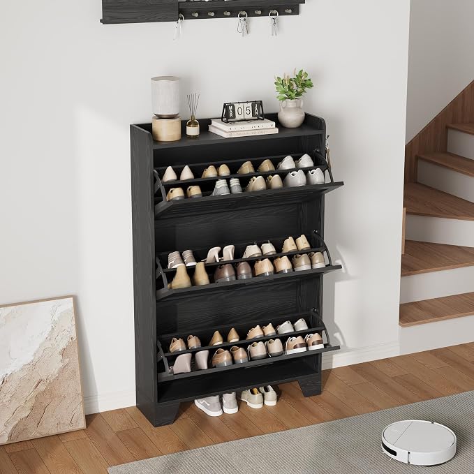 Garvee Shoe Storage Cabinet with 3 Flip Drawers, Freestanding Shoe Organizer Storage for Entryway with 2 Side Hooks, Farmhouse Hidden Slim Narrow Shoe Rack Cabinet, Black