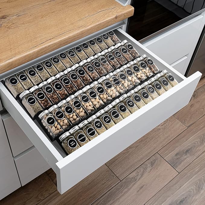 Mulush Metal Spice Rack Tray - Spice Drawer Organizer for Kitchen Cabinets Storage and Organization (Jars Not Included)