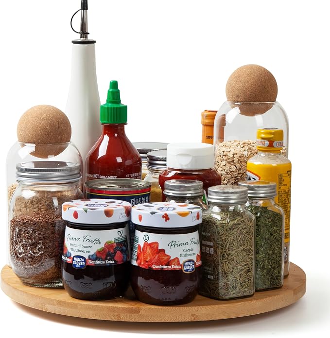 14in Bamboo Lazy Susan Turntable Organizer | Spinning Rotating Wooden Tray for Kitchen Countertop, Cabinet, Pantry & Tabletop