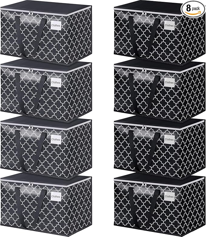 Extra Large Moving Bags, Heavy-Duty Storage Totes with Zipper Top and Sturdy Handles, Moving Supplies for Space Saving and Packing, Collapsible Storage Bags, Black & Gray, 125L, 8-Pack