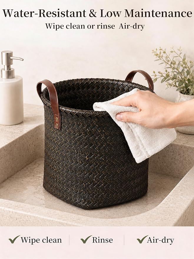Hand Woven Baskets for Storage, 4Pcs Water-Resistant Wicker Baskets, Dark Gold Wicker Storage Baskets for Shelves, Large Basket with Handle for Organizing, Closet, Laundry, Blanket - Round