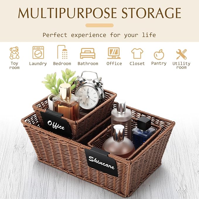 Marsui 6 Pcs Wicker Storage Baskets for Pantry Organization with Labels Handwoven Multi-size Brown Wicker Storage Bins for Organizing Small Baskets Container for Shelves Closet Toilet