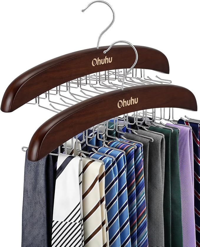 Tie Rack Hanger for Closet: Ohuhu 2 Packs 24 Folding Hooks Tie Hangers for Men Wooden Tie Holder Organizer Space Saving Necktie Storage 360 Degree Rotating Ties Belts Scarves Tank Tops-Walnut