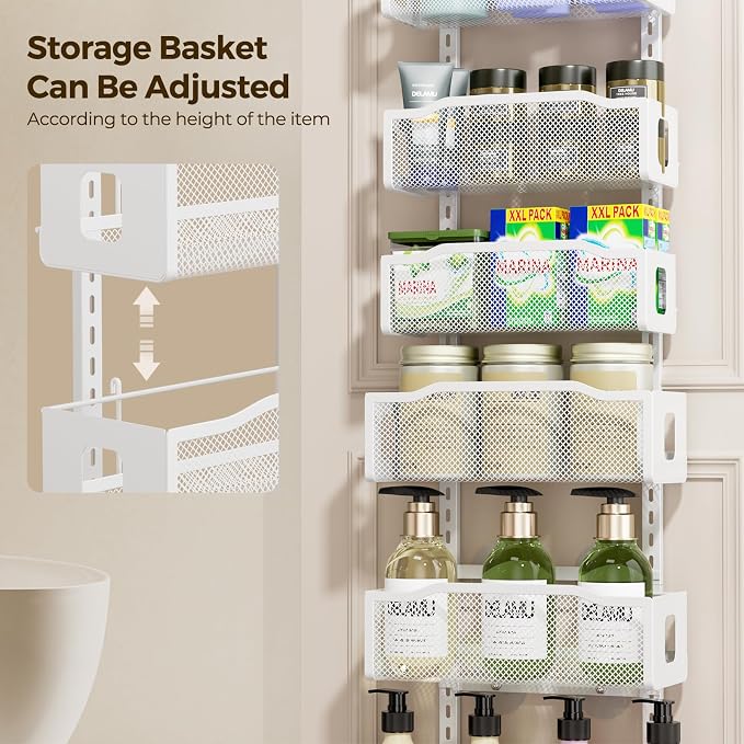 Delamu 8 Tier Over the Door Pantry Organizer, 2in1 Hanging or Wall Mount Spice Rack Seasoning, Adjustable Heavy-Duty Narrow Pantry Door Organizer and Storage for Kitchen Cabinet and Bathroom,12" White