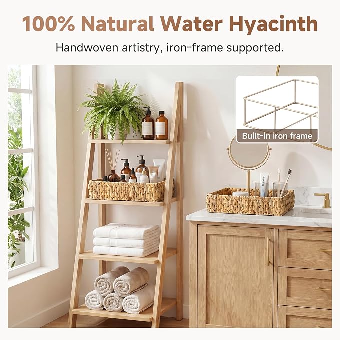StorageWorks Large Water Hyacinth Tray for Bathroom, Wicker Storage Basket for Shelves, Handwoven Natural Hyacinth Baskets for Organizing, 2-Pack