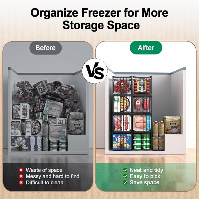 MSERCUOR Freezer Organizer Bins, 6 Pack Stackable Deep Chest Freezer Organizer Bins, Foldable Baskets with Handles, Black Storage Container Baskets for 5/ 7 Cu.FT Deep Freezer Sort Frozen Meats