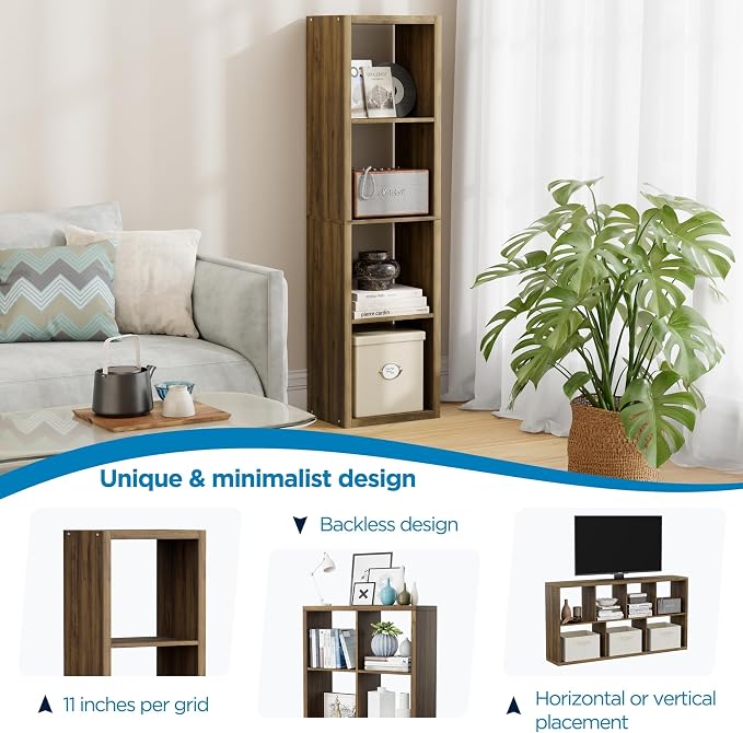 4 Cube Storage Organizer Single Row, Cube Shelf with Heavy-Duty Thick Boards, 13.31" L x 9.37" W x 48.82" H, Smooth Easy-Clean Panels, Simple Assembly, for Living Room Bedroom Office, Brown