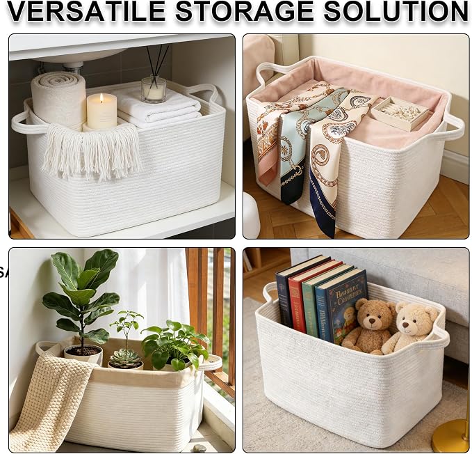 96L XXXLarge Woven Laundry Basket with Sturdy Handles - White | 24x16x15 Foldable Rectangular Blanket Basket for Toys, Clothes & Pillows,Ideal for Nursery, Bathroom, Bedroom, Living Room