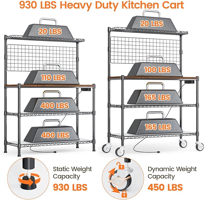 Bakers Rack with Power Outlet & Storage,36In Microwave Stand Kitchen Cart | 4-Tier Metal Kitchen Shelves Cart with Wheels & 20 S-Hooks for Kitchen, NSF Certified, 63 x 18 x 36 Inch-Black