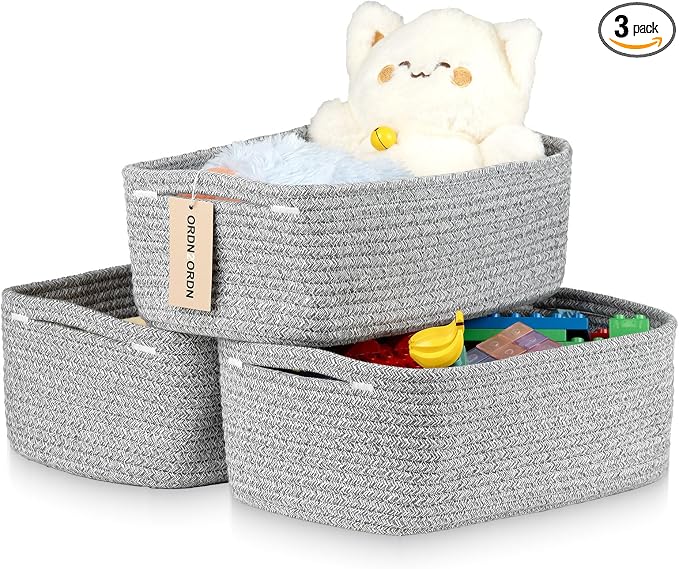 Small Storage Baskets for Organizing, Woven Storage Bins for Shelves, Gift Basket Empty, Cute Decorative Closet Organizer, Baby Rope Basket, Dog Toy Storage, 13.2x8.2x5.2”, 3Packs Mixed Gray