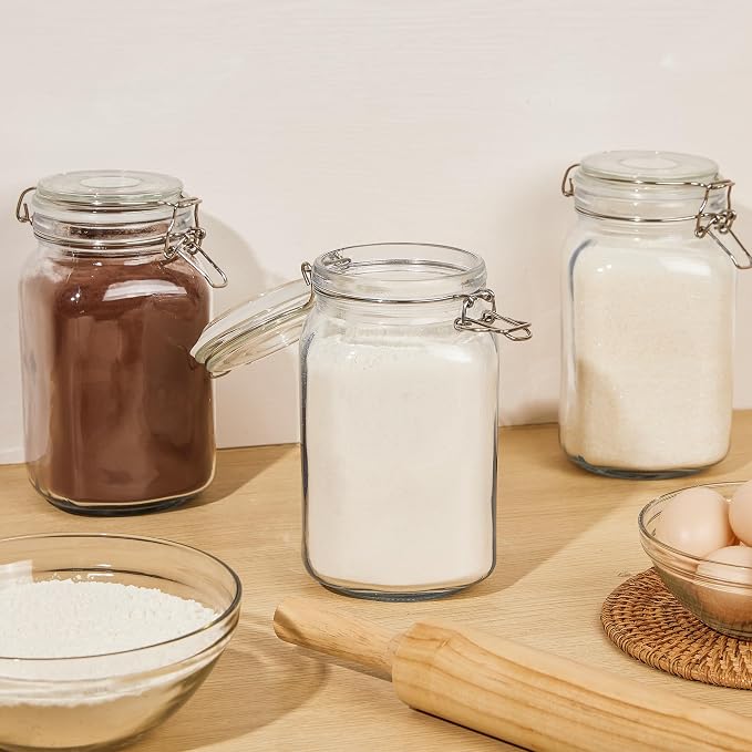 CHEFSTORY 50oz Glass Food Storage Jars with Airtight Clamp Lids, 3 Pack | Food Storage Canister for Kitchen, Pantry Organization, Square Mason Jars for Storing Sugar, Flour, Cereal,Coffee,Cookies