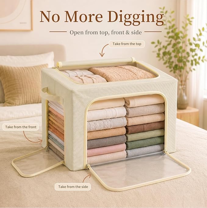 GoMaihe 3 Opening Clothes Storage Bins with Metal Frame, 40L Sweater Storage Organizer for Upper Shelf Closet Storage Boxes with Clear Window for Hoodies Jeans Towel 3-Pack Beige