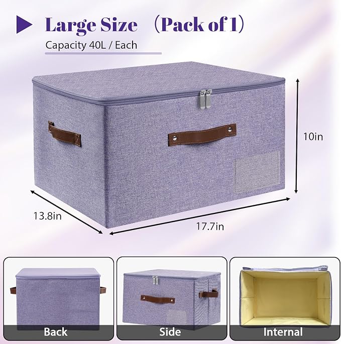 ANMINY Fabric Storage Box Bins with Zipper Lid, Washable Purple | Cotton Linen Fabric, PP Board Frame, Label Holder, Stackable & Foldable, PU Handles, Dual-Zipper 3-Side Open Lid, Large