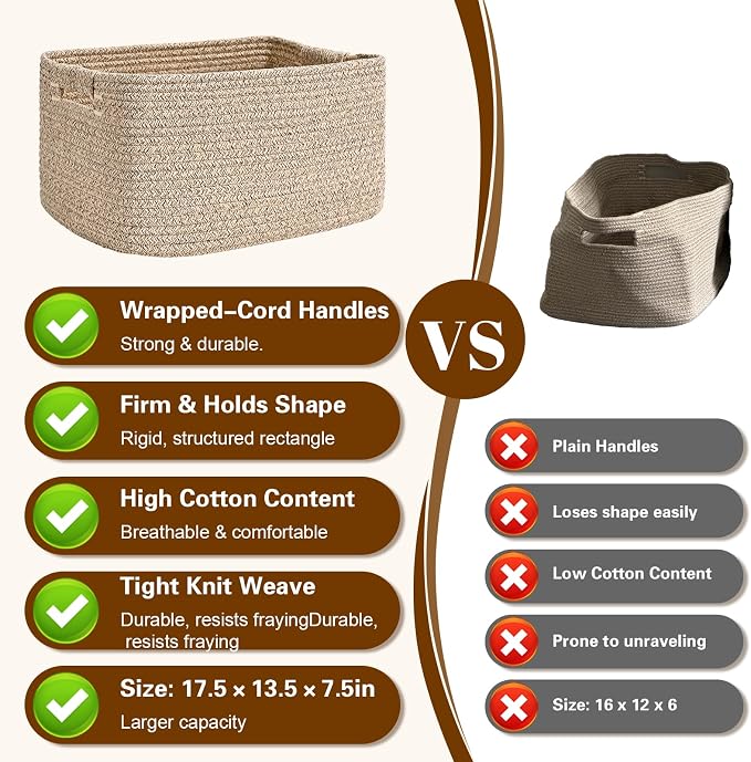2 Pack Large Storage Basket for Organizing, 17.5"x13"x7" Woven Basket for Shelves, Closet Cube Storage Bins with Wrapped Handle, Cotton Rope Baskets for Kitchen, Clothes, Toys (Natural)