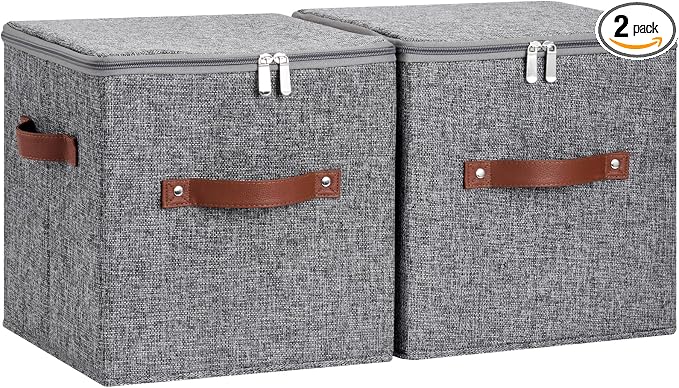 2PCS Storage Cubes with Zippered Lids Fabric Storage Bins Boxes | with 3 PU Leather Handles Cotton Linen Decorative Foldable Washable Lidded Shelf Closet Organizer Container (Gray, 11 Inch)