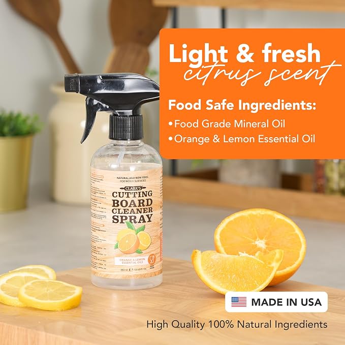 CLARK'S Natural Cutting Board Spray Cleaner, with Microfiber Cloth, for Wood Countertop – Pure Ingredients Filtered Water, Distilled Vinegar, Castile Soap, Lemon & Orange Citrus Oil Extracts, 12oz