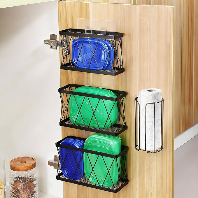 YIGII 3 Pack Adhesive Cabinet Organizer - Wall Mounted Pantry Door Organizer Bin Holder for Tupperware Lid Kitchen Wall Under Sink Basket Slim Space Black Stainless Steel