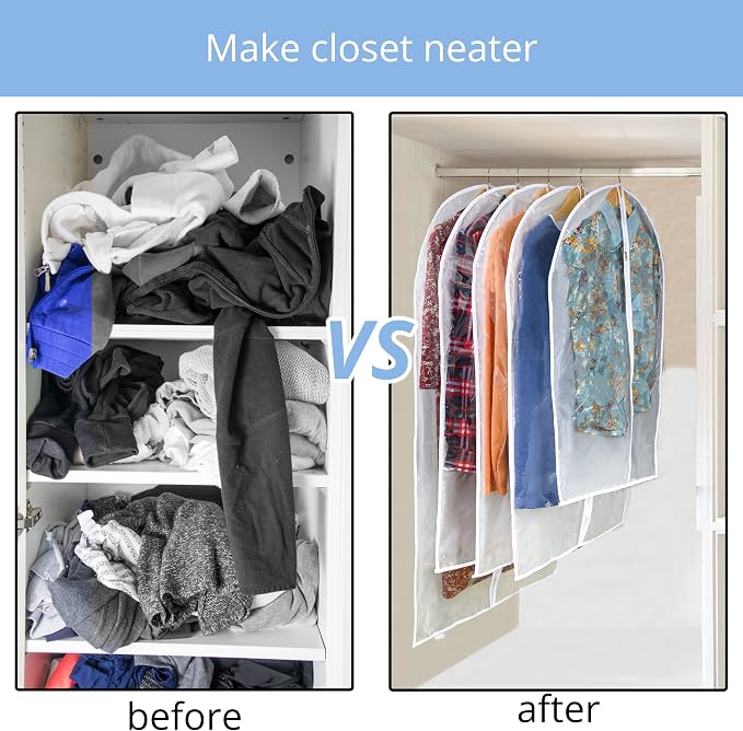 Clear Garment Bag Long Garment Bags for Gowns, Vinyl Dress Bags for Closet Storage, Coat Covers for Closet With Zipper Plastic Garment Bags for Hanging Clothes Long Dress - 24'' X 48''/6 Pack