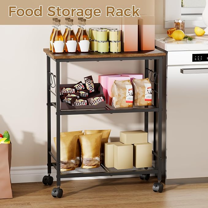BEWISHOME 3-Tier Rolling Kitchen Microwave Cart, Microwave Table Stand | with 4 Lockable Wheels, Small Coffee Cart Shelf Rack Organizer for Kitchen, Living Room, Bathroom