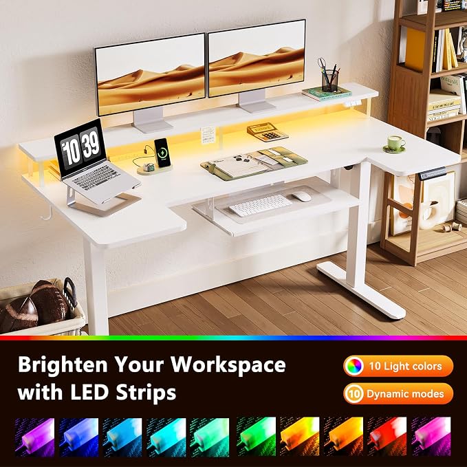 OffiGo 63 Inch U Shaped Electric Standing Desk with Keyboard Tray, White | 3 Outlets & 2 USB Ports, Dual-Monitor Stand, 10 Colors & 10 LED Modes, 3 Presets, 28.3"-46.5"in Range, 154 lb Capacity